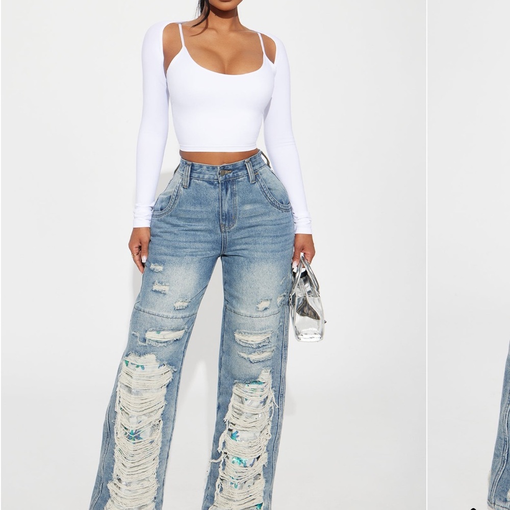 Fashion Nova Light Blue Distressed Wide Leg Jeans